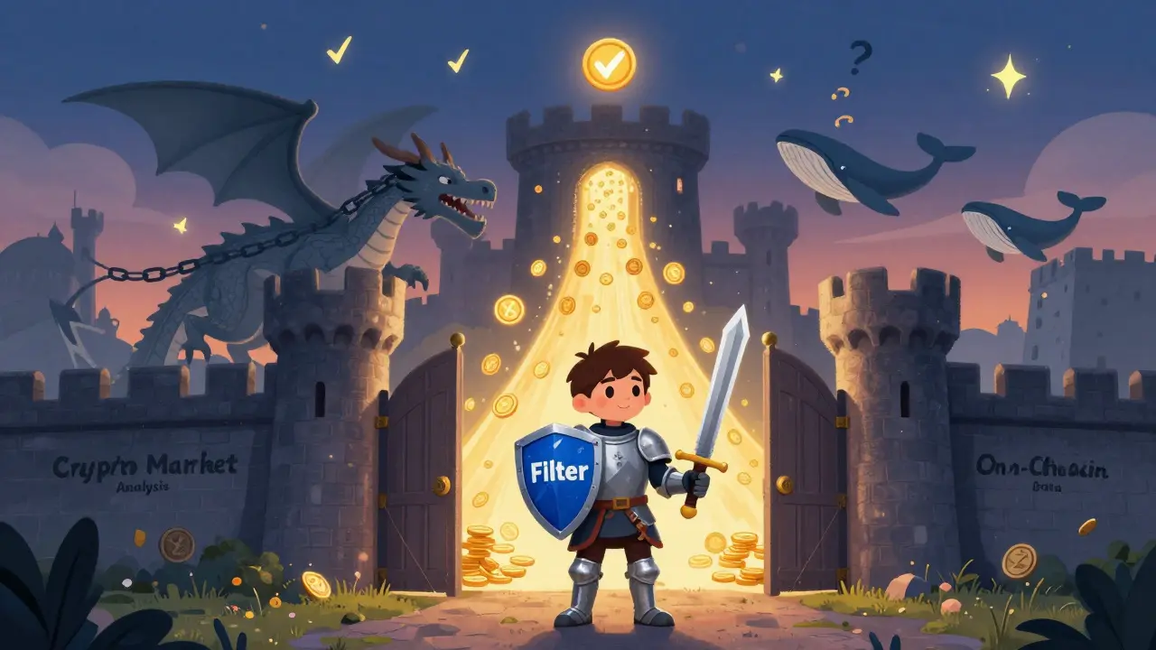 A knight with a filter shield approaches a crypto castle as a fading dragon of fundamental analysis recedes.