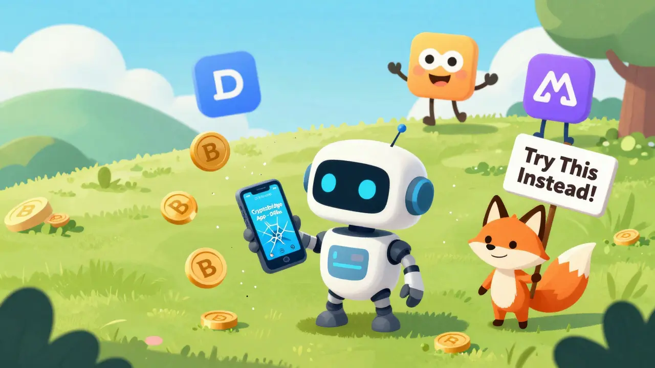 A lonely robot surrounded by dusty tokens while modern crypto apps shine in the distance.