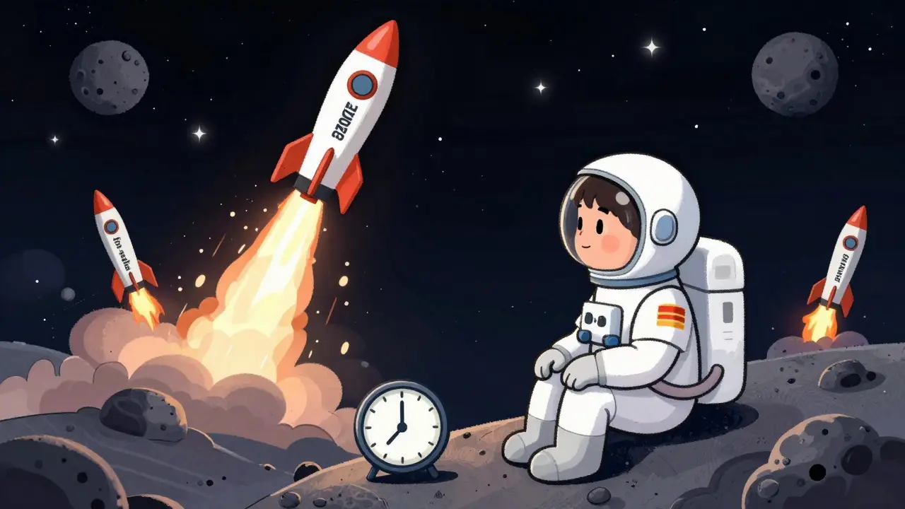 A patient astronaut watches a slow rocket launch labeled GZONE 2026, while discarded flip-and-sell rockets burn below.