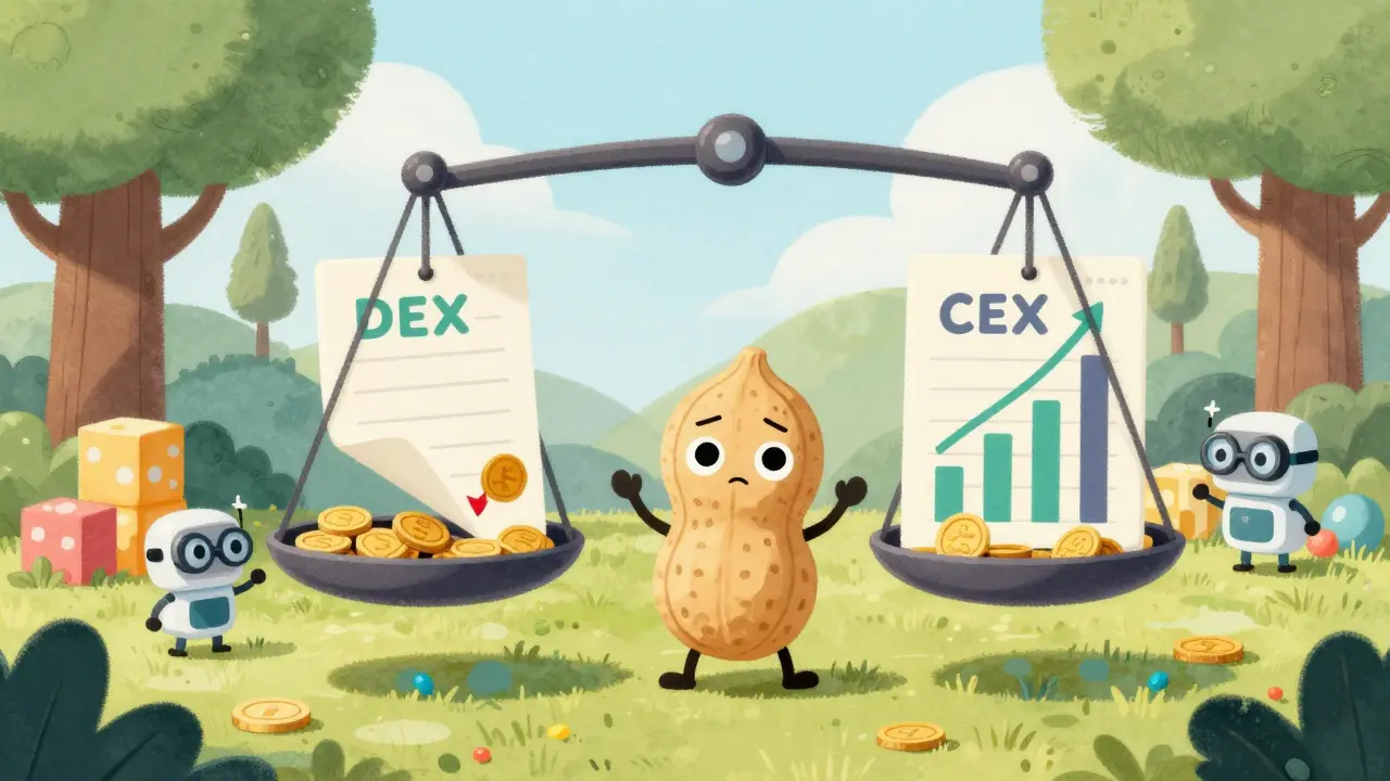A peanut-shaped robot balancing crypto charts while sneaky bots try to steal coins.