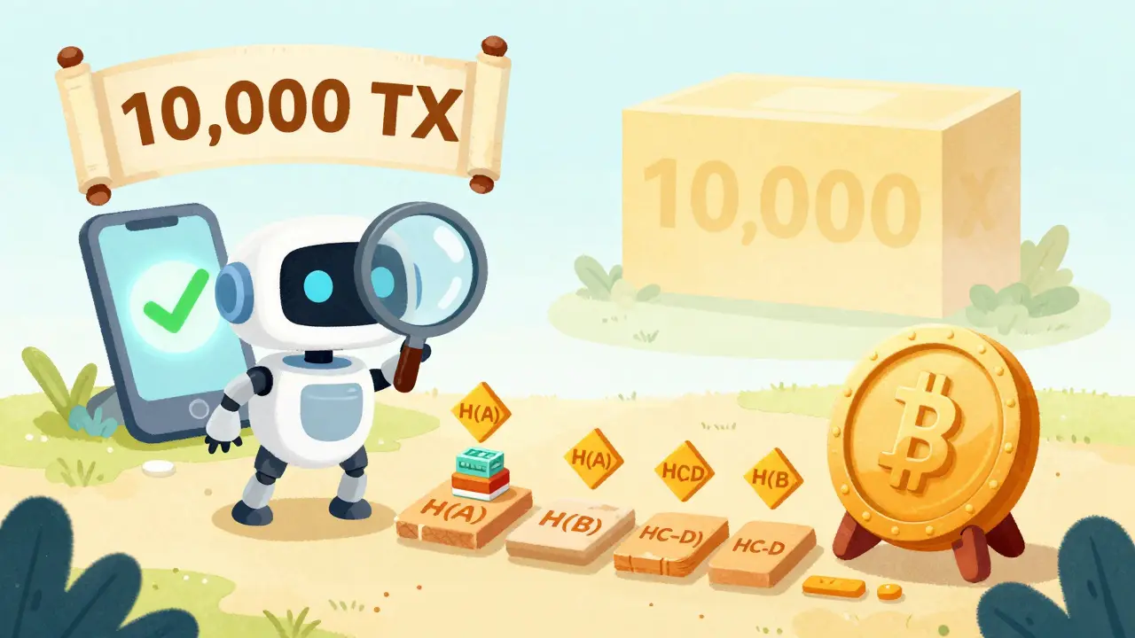 A robot follows a path of hash fragments to verify a transaction and reach the Merkle root seal.
