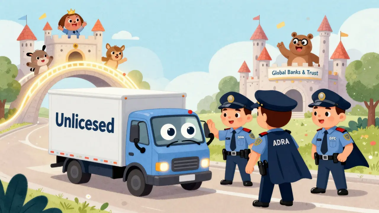 A runaway crypto truck is stopped by three friendly regulators as a bridge leads to a trust castle.