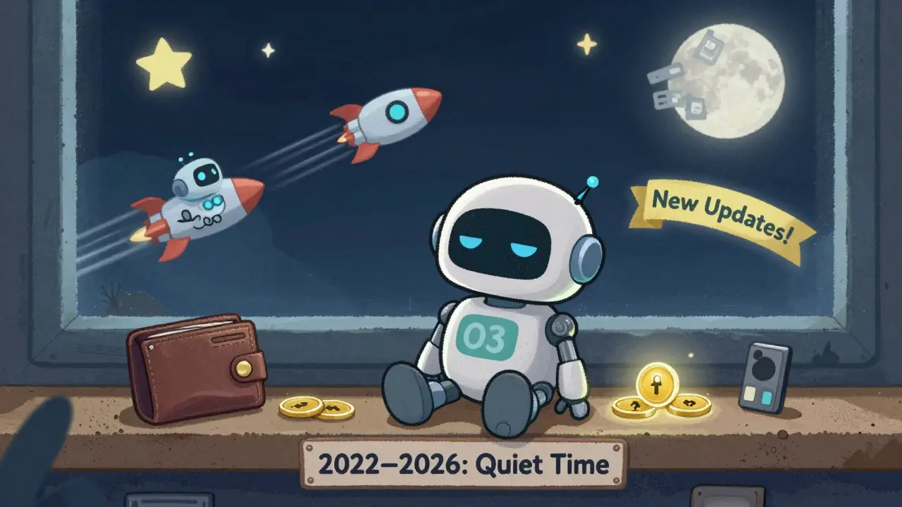 A sleepy O3 Swap robot sits on a dusty shelf while other DeFi robots zoom past on rockets under a starry night.