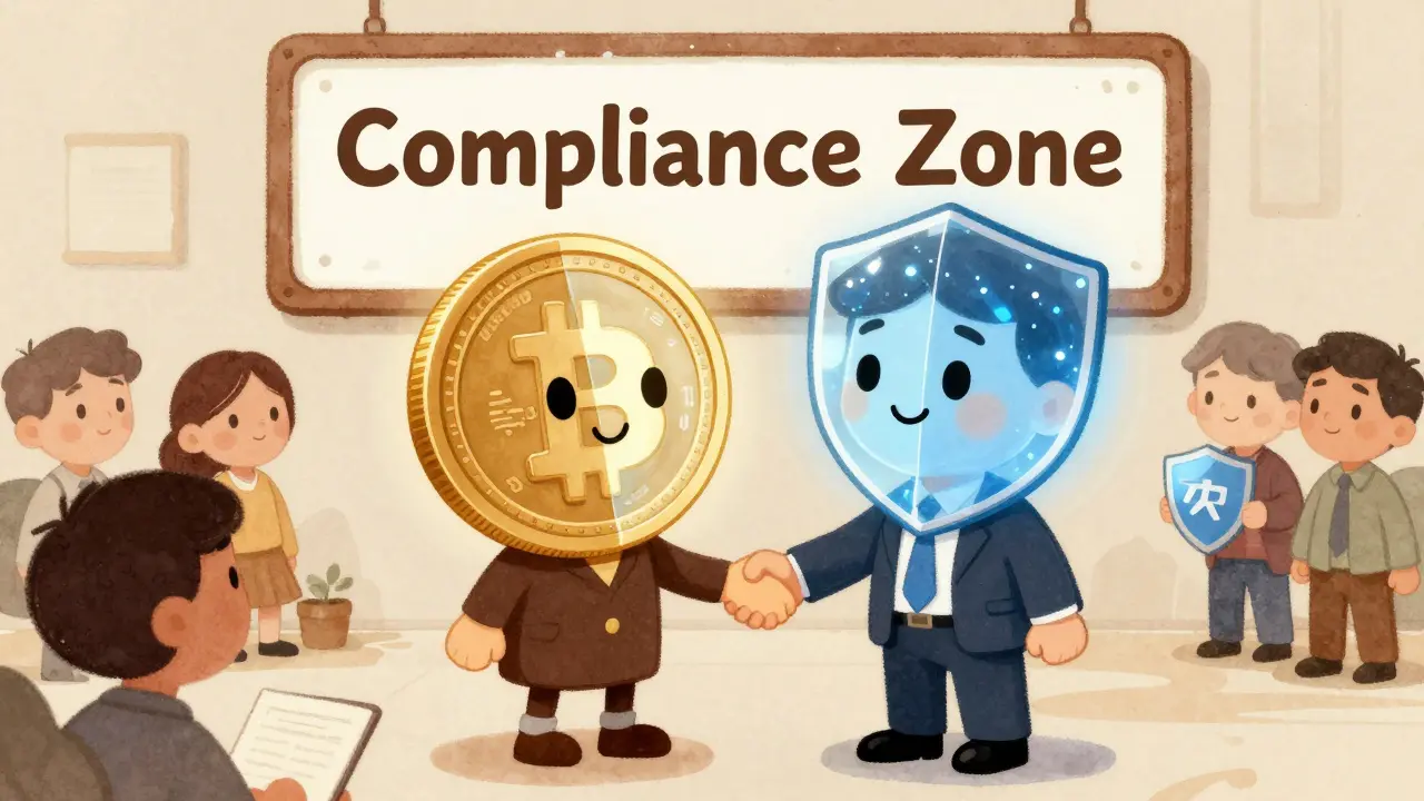 A split Zcash coin shakes hands with a banker, one side visible, one side hidden.