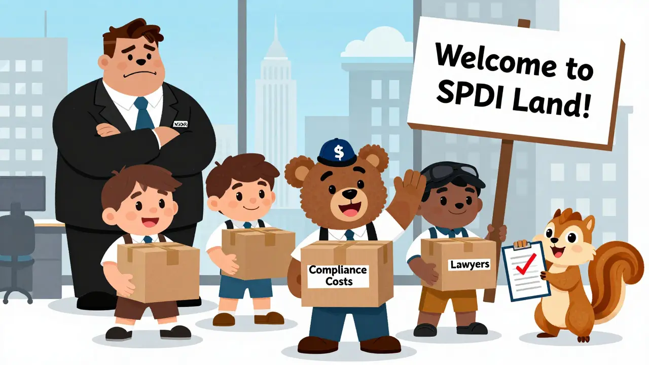 A startup team moving from New York to Wyoming, greeted by a friendly bear banker, while a frowning regulator watches.