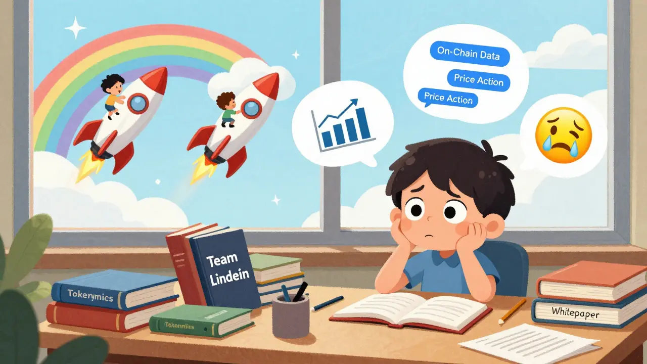 A tired child surrounded by crypto research books while others ride rockets past colorful clouds.