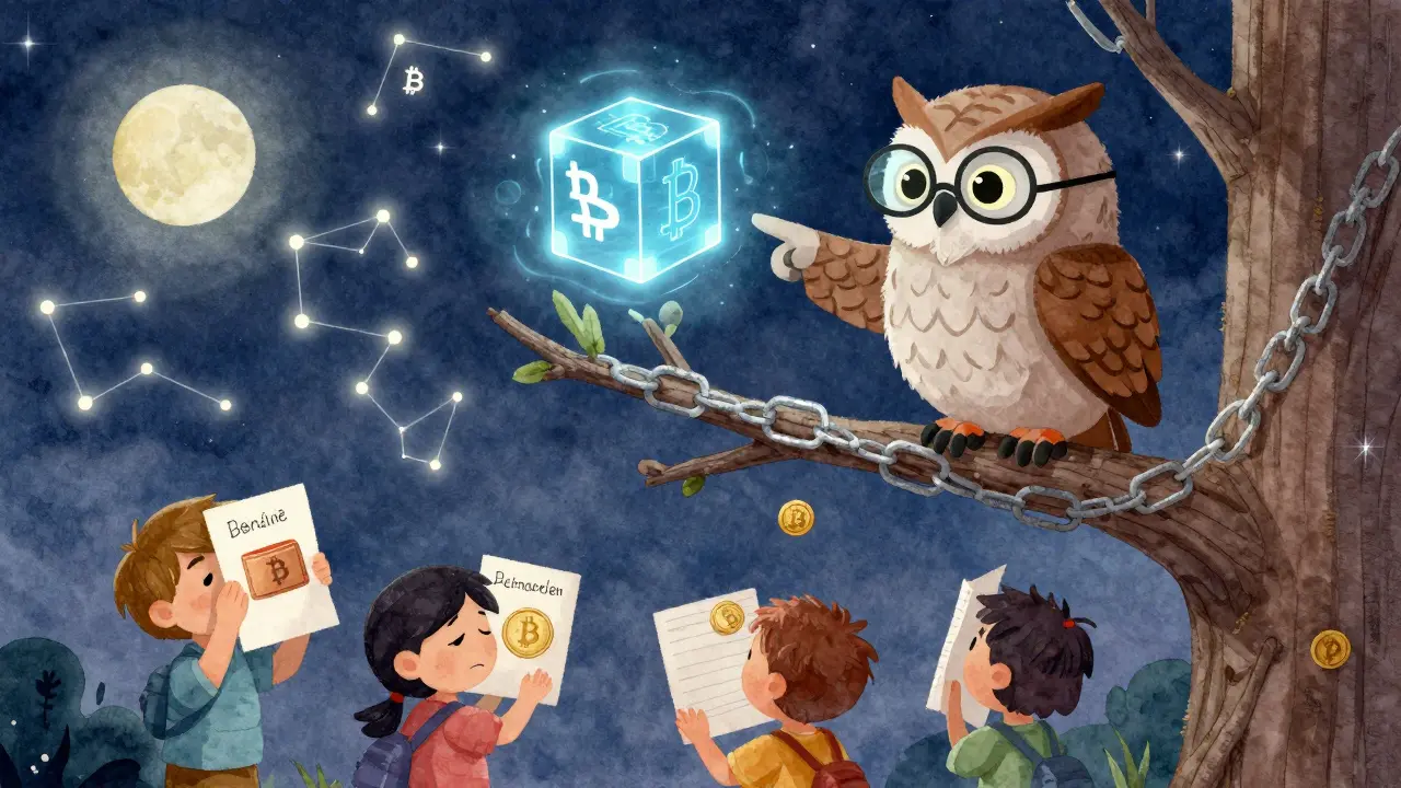 An owl points at a hologram of the genesis block's hash in the sky while children look sadly at unspendable Bitcoin coins.