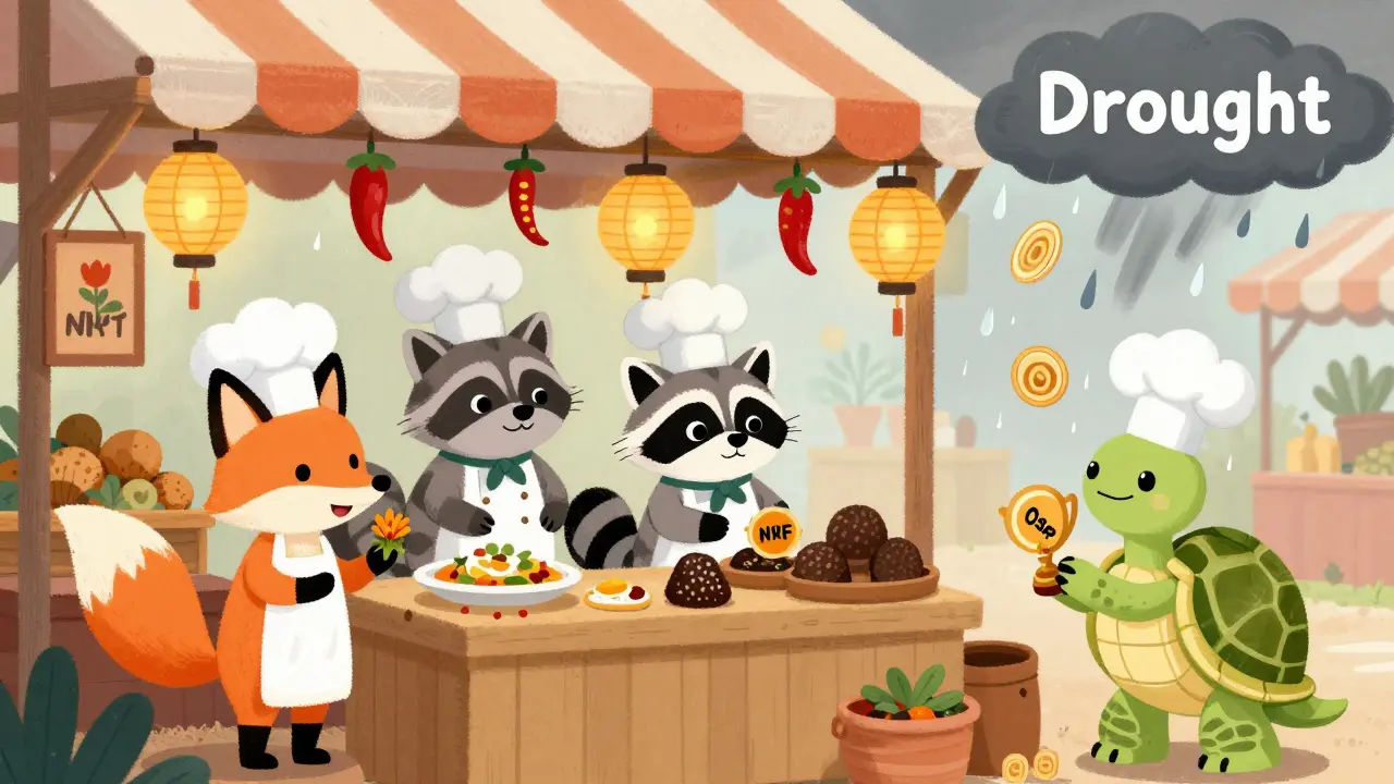 Cartoon animals trading rare food NFTs at a lively market under chili lanterns.