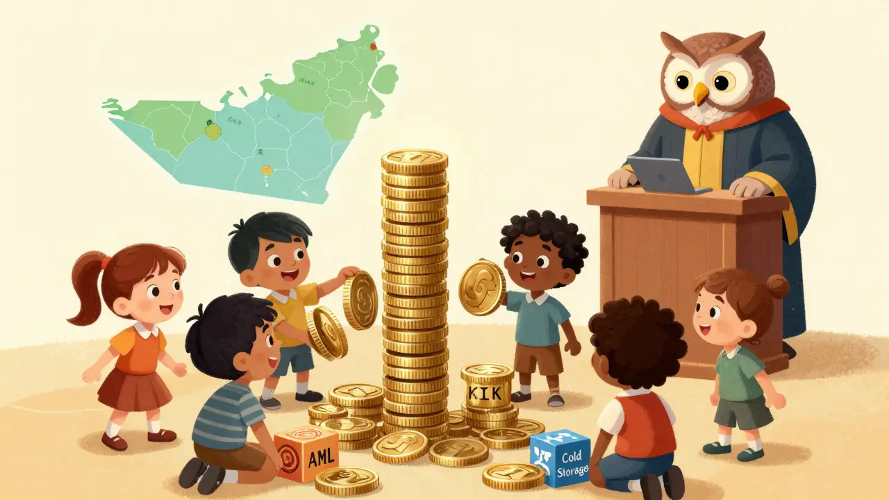 Children build a tower of crypto blocks while a wise owl supervises from a floating podium.