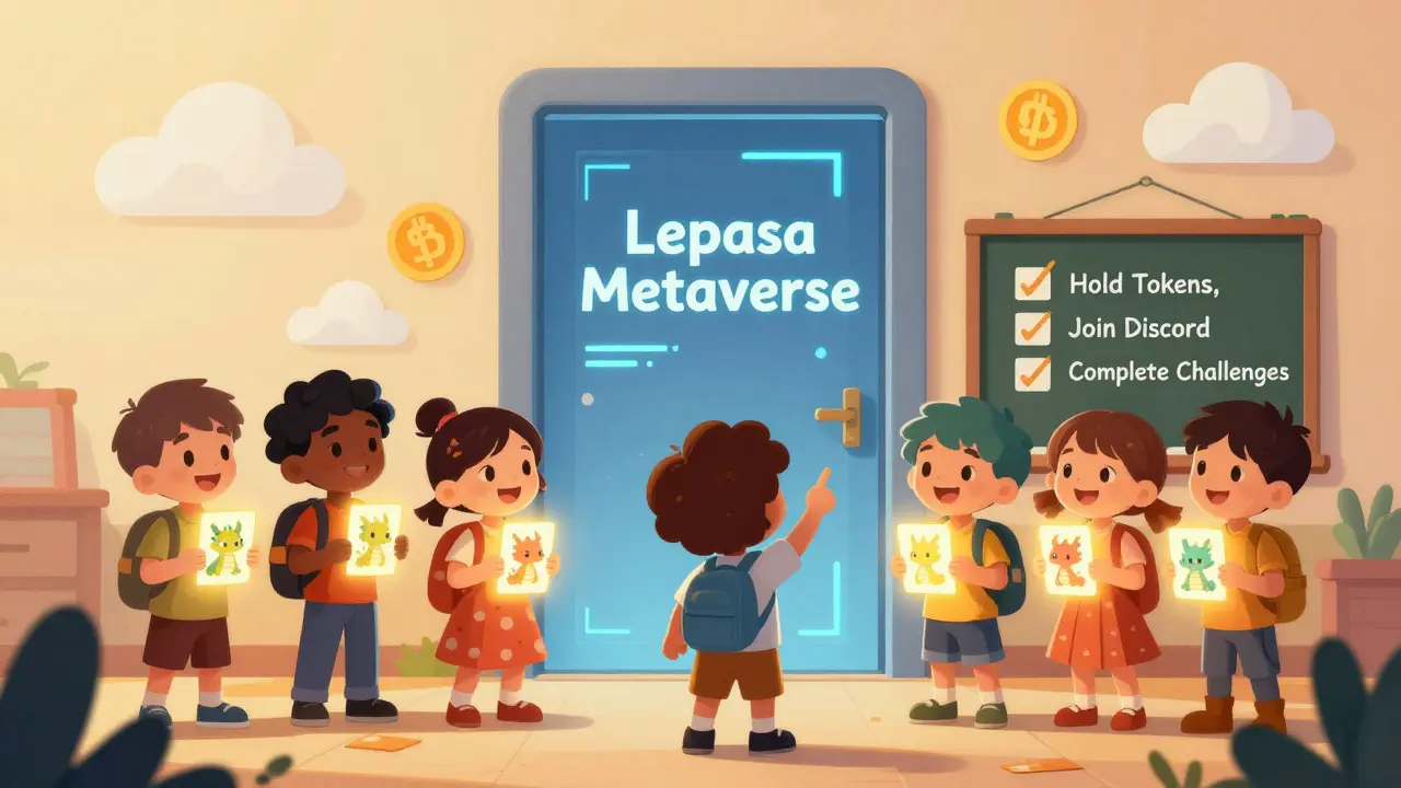 Children holding NFT cards in front of a glowing metaverse door, with a checklist showing how to qualify.