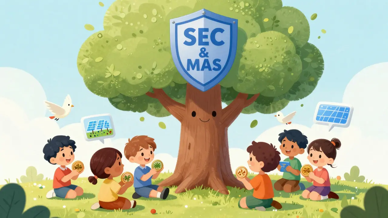 Children sit around a blockchain tree holding tokens of art, solar farm, and vineyard, with smart contract birds and a regulatory shield above.