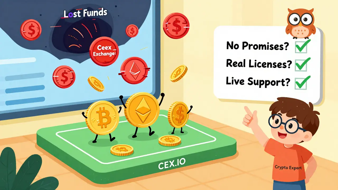 Happy cartoon coins on a CEX.IO dashboard while scam coins vanish into a vortex, with a checklist and wise owl.