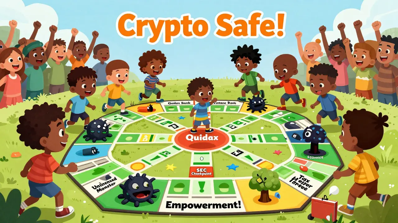 Kids play a board game avoiding crypto scams and reaching empowerment.