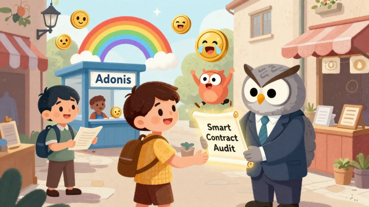 Project founders hand audit scrolls to an owl at a whimsical market, while colorful tokens enter a tiny exchange building.