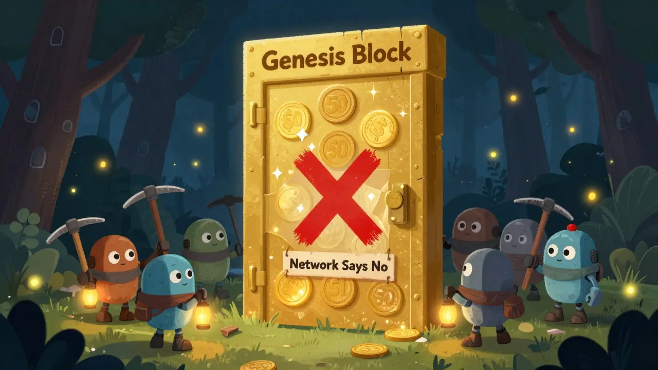 Robot miners stand before a golden door labeled 'Genesis Block' with a big red 'X' saying 'Network Says No.'