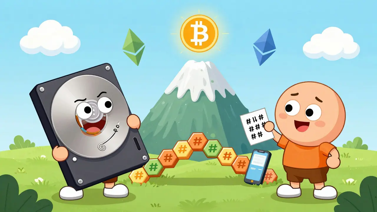 Two characters compare a huge hard drive to a tiny paper with 14 hashes, connected by a magical bridge.