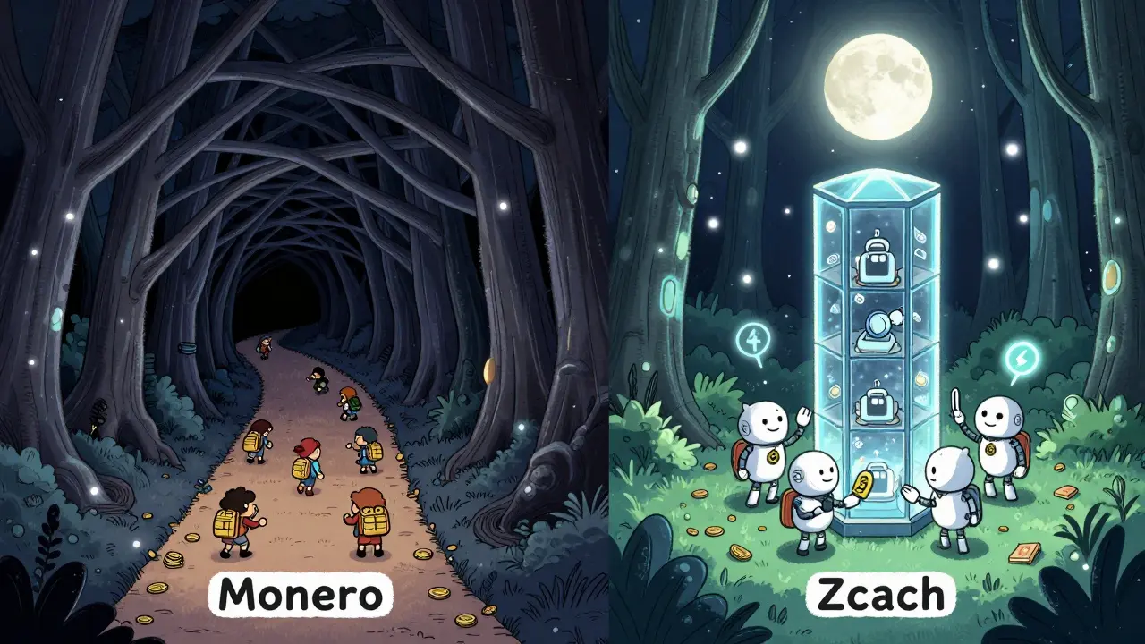 Two paths lead through a glowing forest—one dark and peer-to-peer, one bright and institutional.