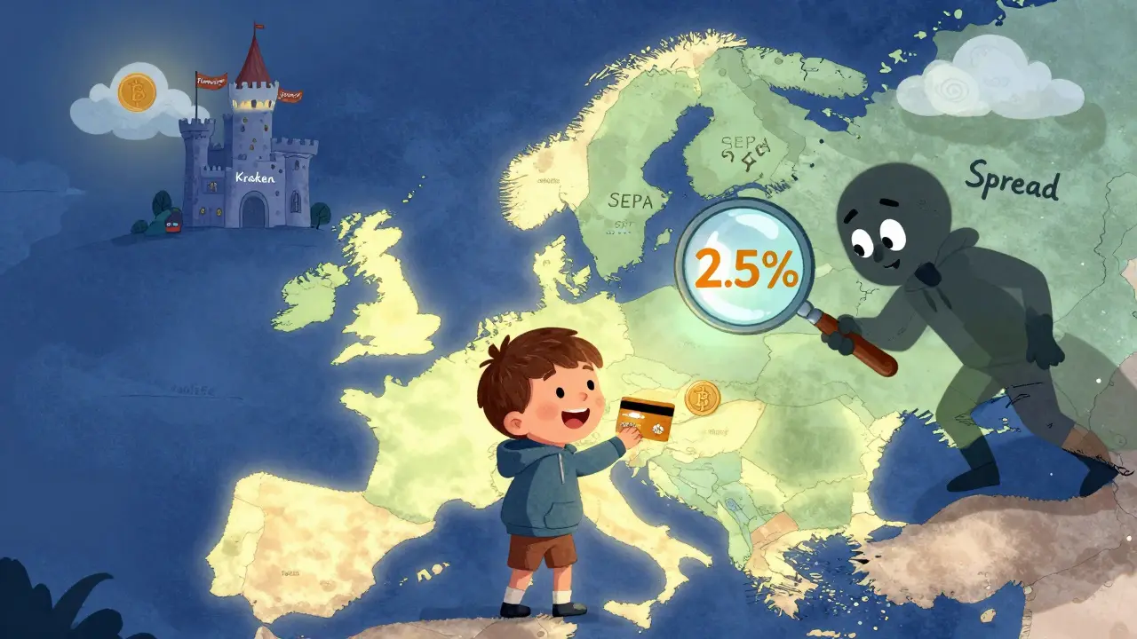 A boy buys crypto in Europe as a shadowy figure hides a large spread gap behind him.