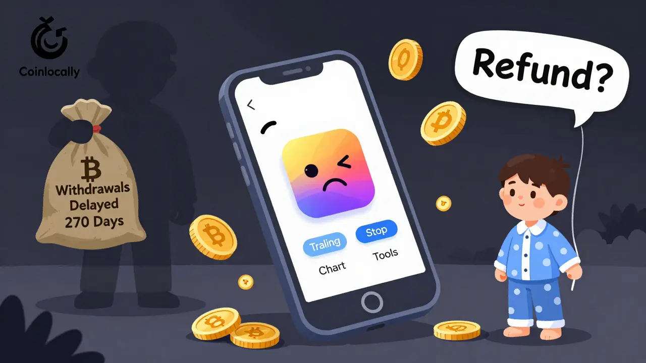 A broken phone app with missing buttons and a shadowy figure holding delayed withdrawal sacks.