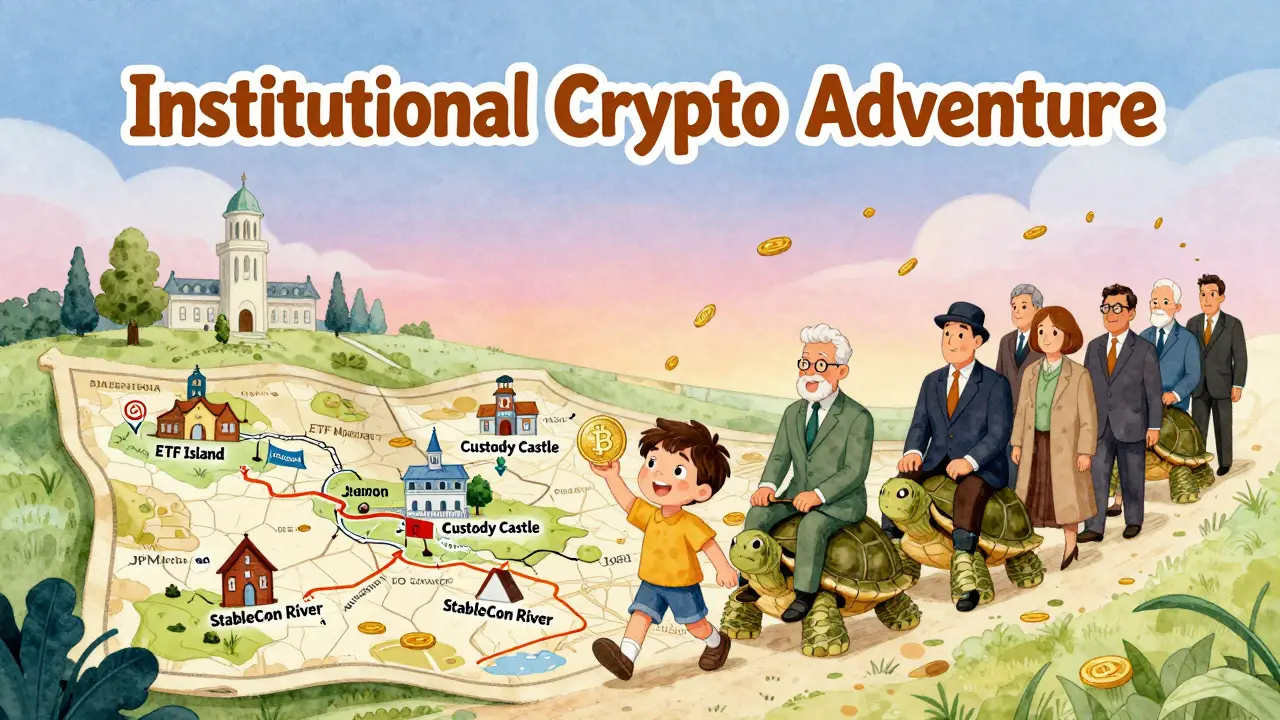 A child leads a parade of financial institutions on turtles along a magical crypto treasure map.