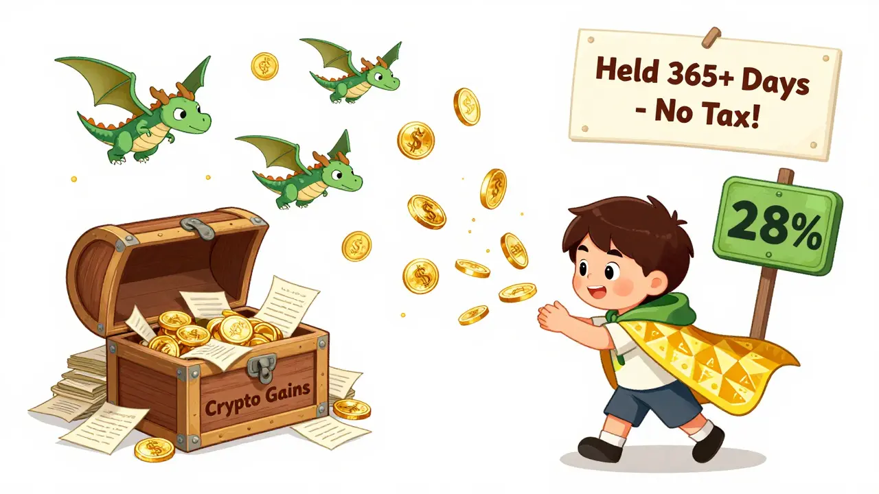 A child opens a treasure chest filled with euros and NFT dragons, while a sleepy tax dragon snores on paperwork labeled '28%'.