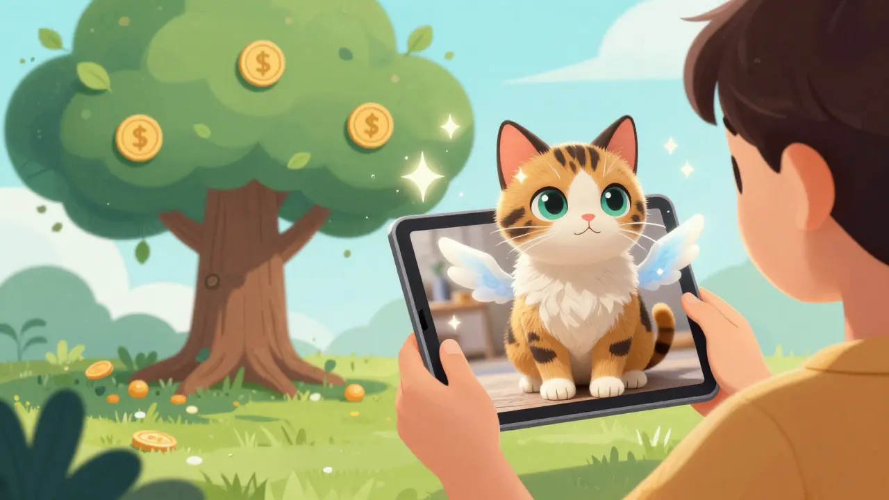 A child’s pet photo transforms into a magical animated NFT creature with personalized features thanks to AI sparkles.