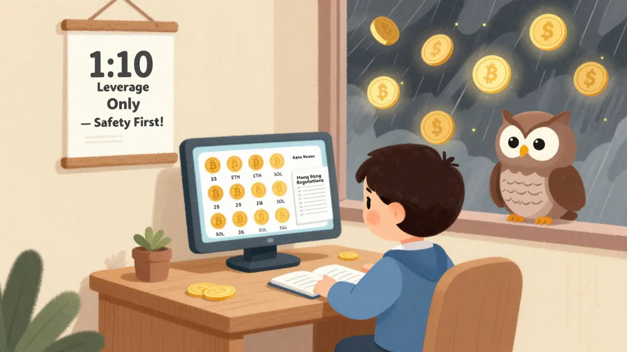 A child trader sits calmly at a desk with only 26 coins, guided by a wise owl and regulation book.