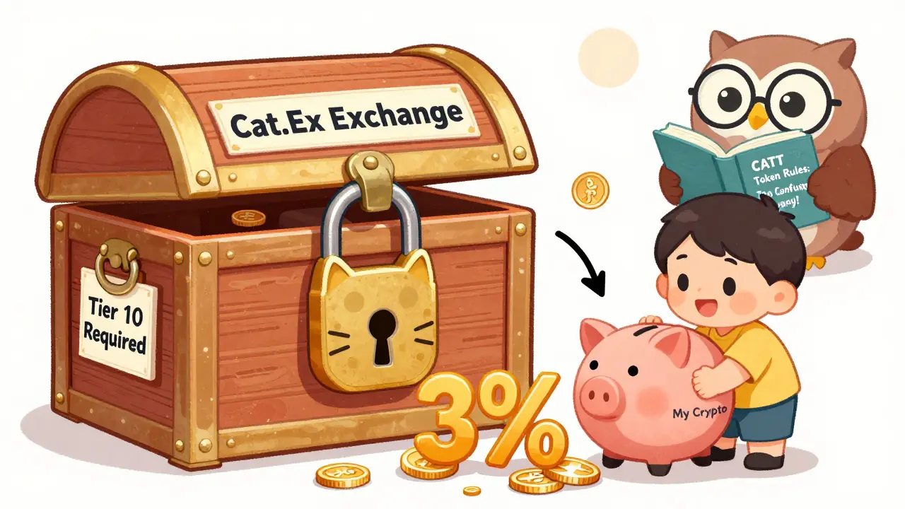 A child tries to open a locked treasure chest labeled 'Cat.Ex' while coins disappear into a 3.5% fee symbol.