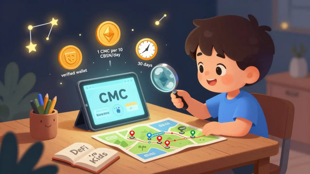 A child uses a magnifying glass to view staking rewards on a glowing tablet.