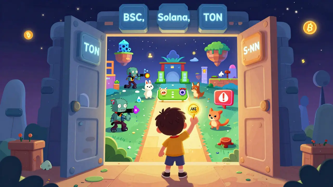 A child using a glowing token to open a door to a world of user-made games with 8-bit graphics.