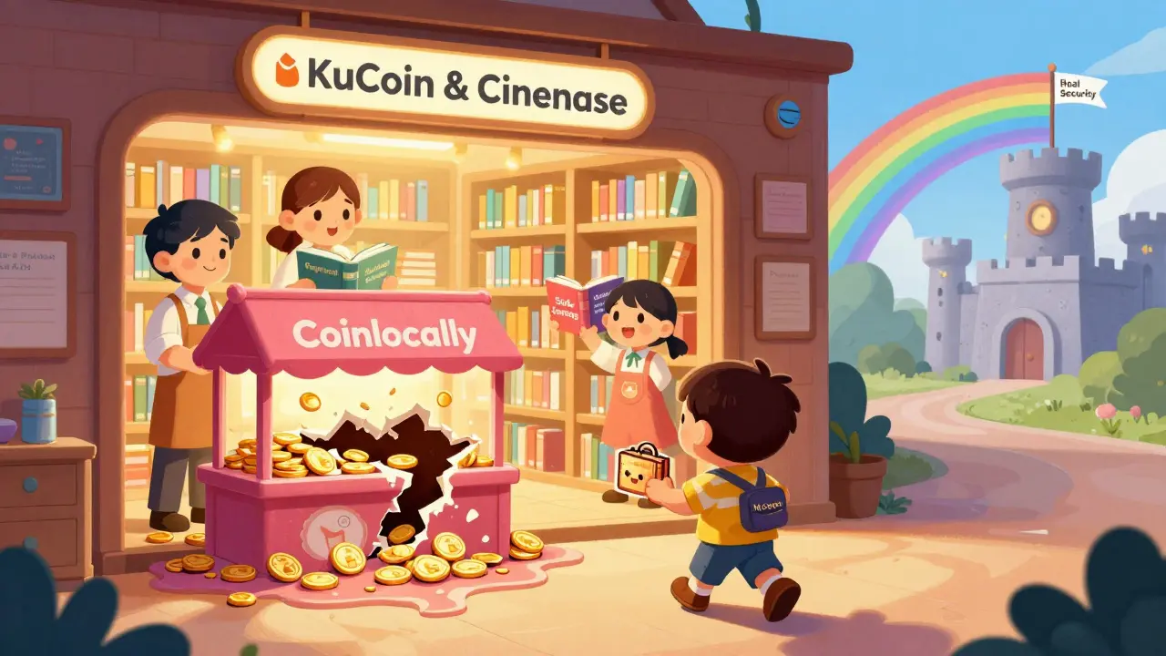 A child walking away from a melting candy shop toward a safe library labeled KuCoin and Coinbase.