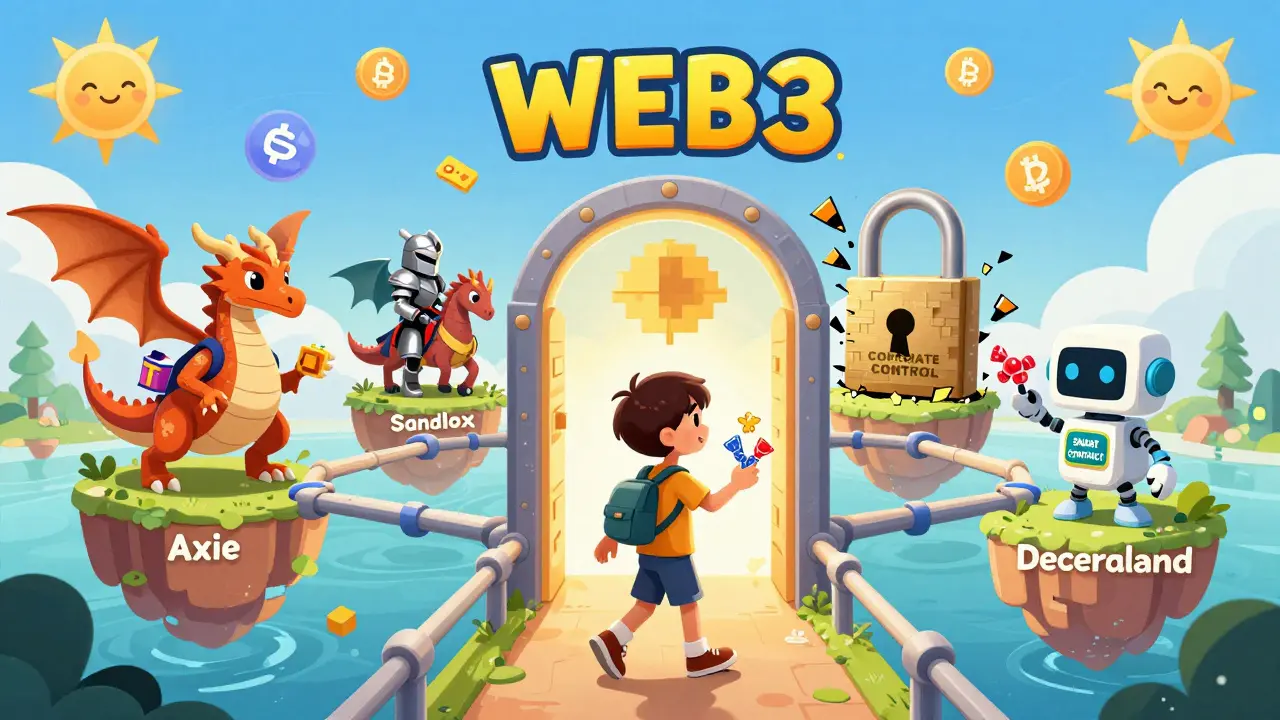 A child walks through a Web3 portal into a cross-game world where NFT creatures interact, connected by blockchain bridges.