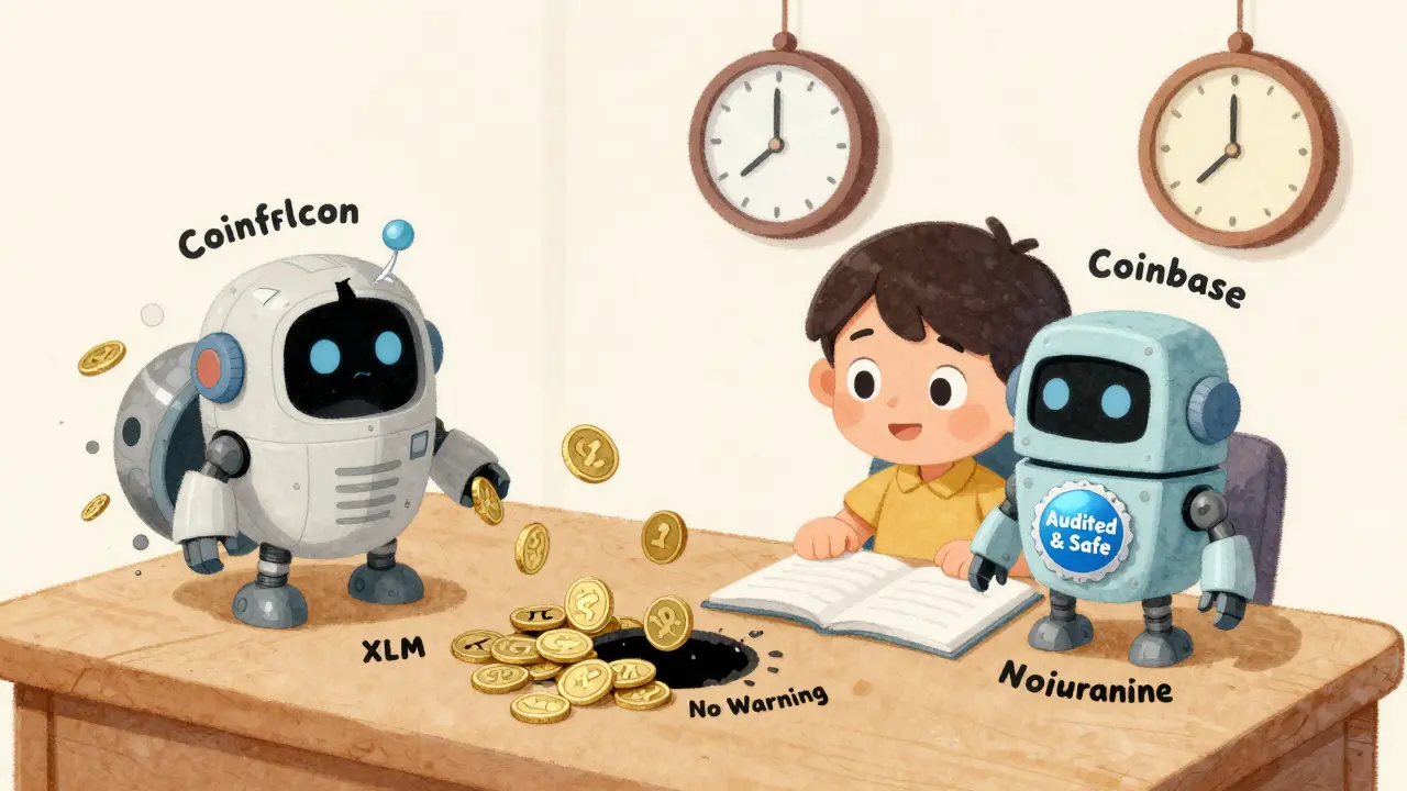 A child watches coins vanish from a toy robot labeled CoinFalcon while a safer robot glows nearby.