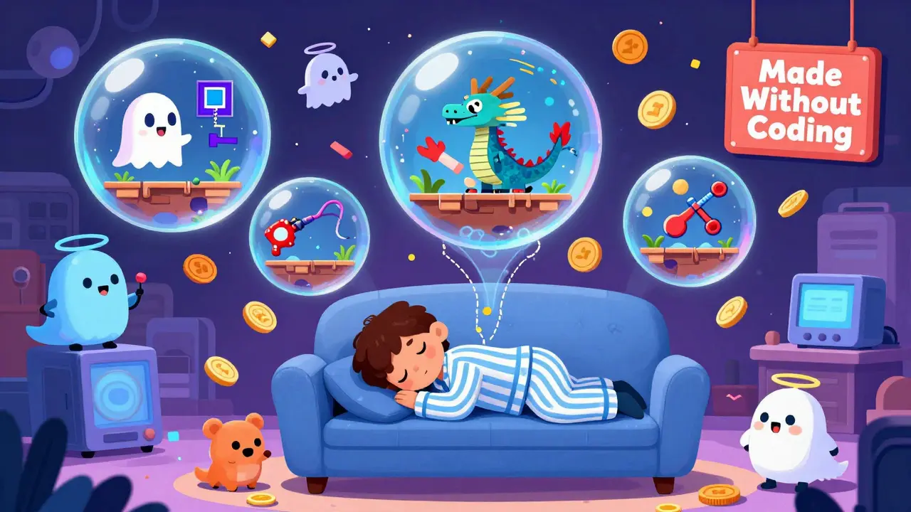 A creator sleeps while friendly AI creatures build games from their dream bubbles above.