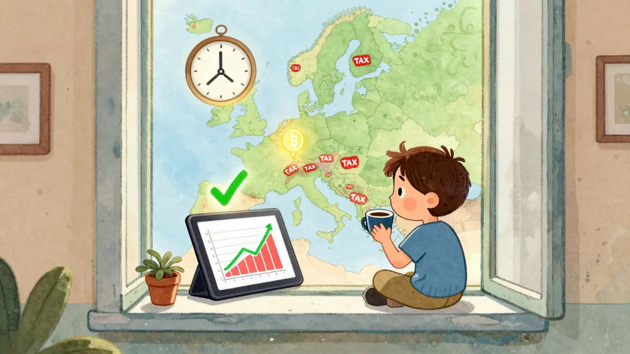 A digital nomad watches a crypto graph rise over a year from a Lisbon window, while a glowing checkmark appears above a clock.