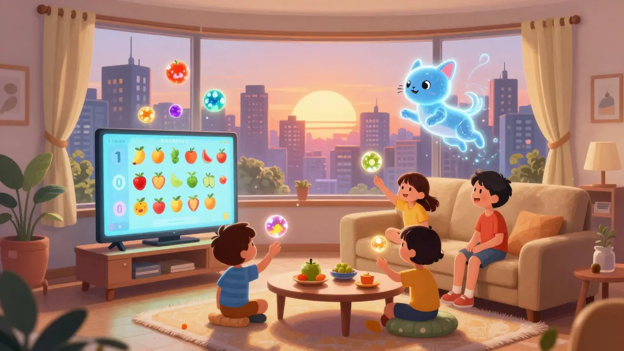 A family plays a game as their digital pet leaps through the air, with NFT-shaped buildings glowing in the background.