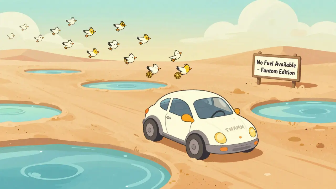A futuristic TWAMM car drives across an empty desert of liquidity pools, with tiny coin birds flying above.