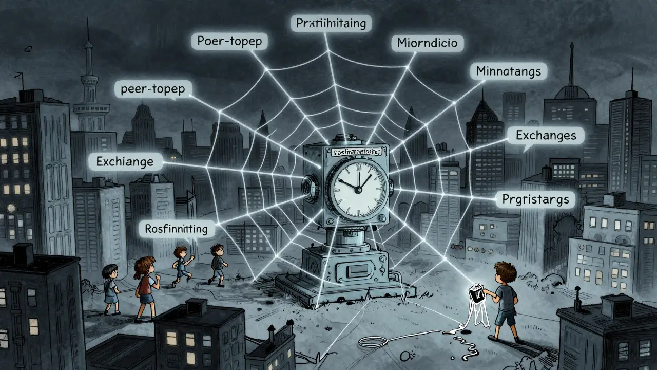 A giant surveillance spiderweb tracks all crypto transactions in Russia, depicted in a soft yet eerie children's book illustration.