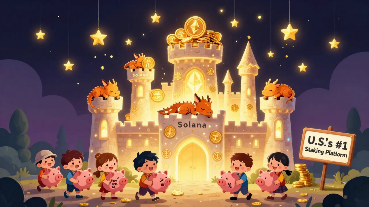 A glowing castle of crypto coins rains staking rewards onto happy children with piggy banks.