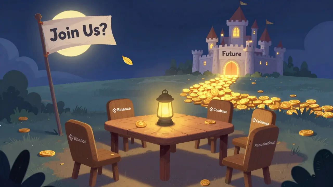 A lone SQUAD token sits at an empty trading table, with a glowing path leading to a distant castle labeled 'Future'.