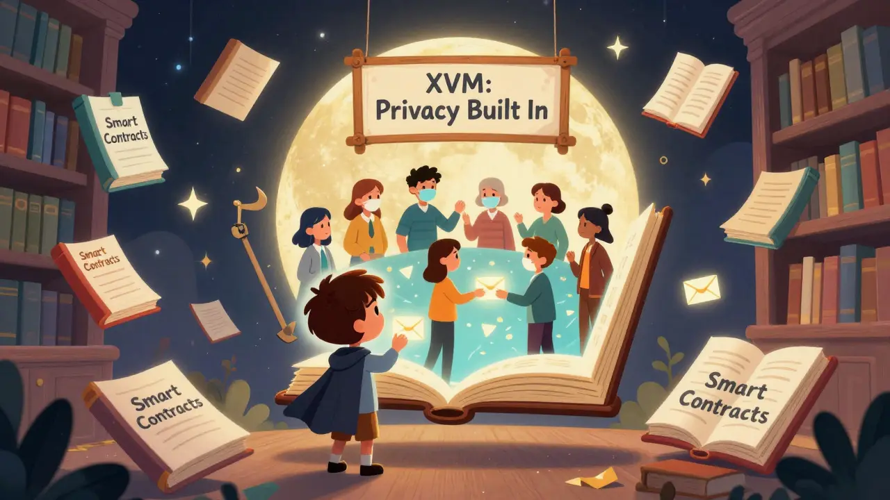 A magical library of floating smart contract books showing private interactions, illustrated in a children's book style.