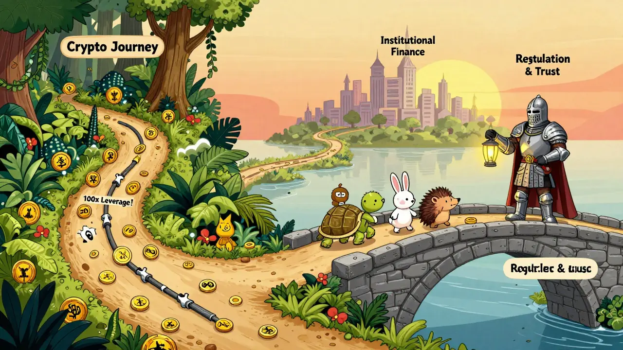 A safe path leads to a stone bridge guarded by a knight, while a chaotic jungle of coins branches off.