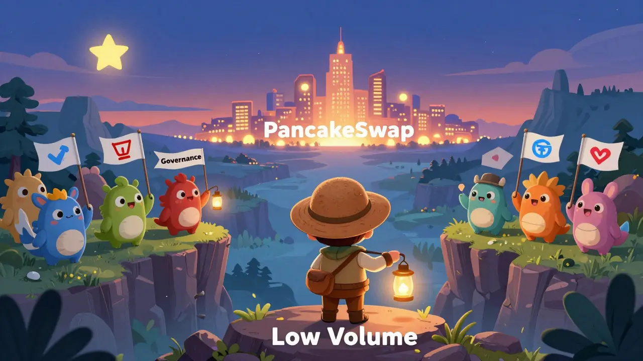 A small explorer gazes at a distant city while community members wave voting flags under a twilight sky.