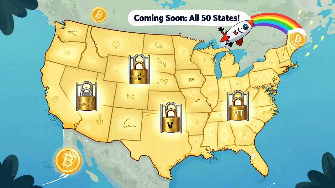 A U.S. map shows four locked states as Binance.US rocket soars toward full national access.