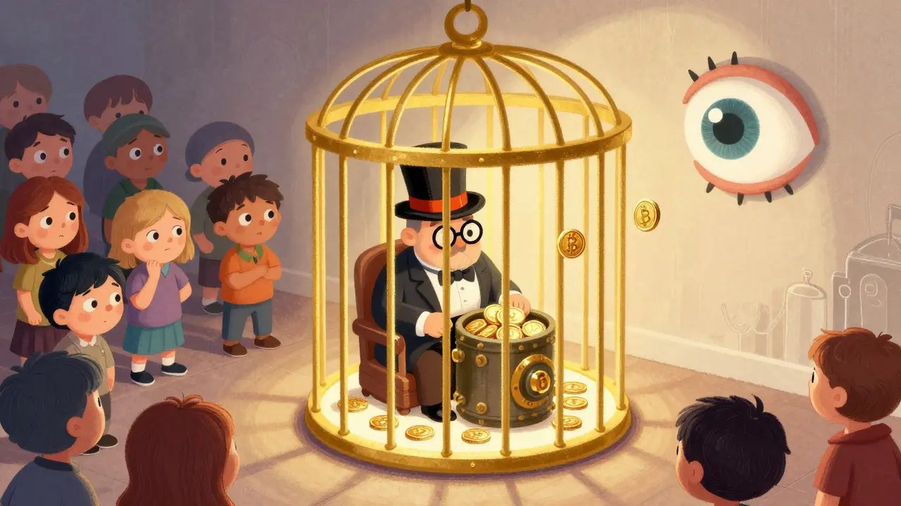 A wealthy investor inside a golden cage can trade crypto, while others watch from outside, shown in a whimsical children's illustration.