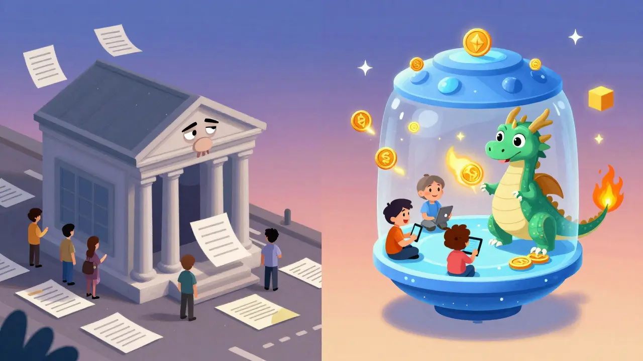 A whimsical comparison between a slow, old-fashioned bank and a bright, fast DeFi hub with floating coins and blockchain blocks in the sky.