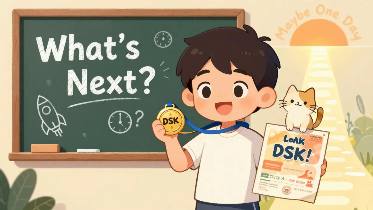 A young fan holding a DSK token and a poster, facing a chalkboard with questions and a glowing path ahead.