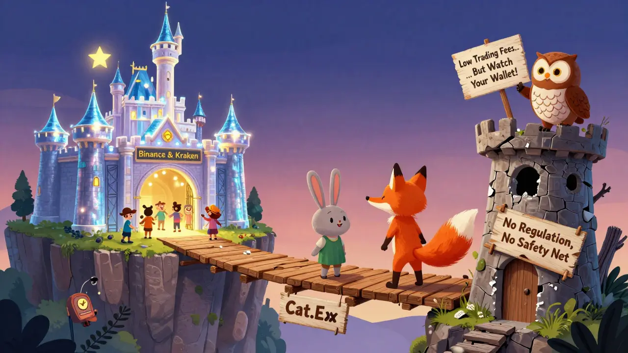 Animals stand on a cliff, choosing between a safe castle and a crumbling tower labeled 'Cat.Ex'.