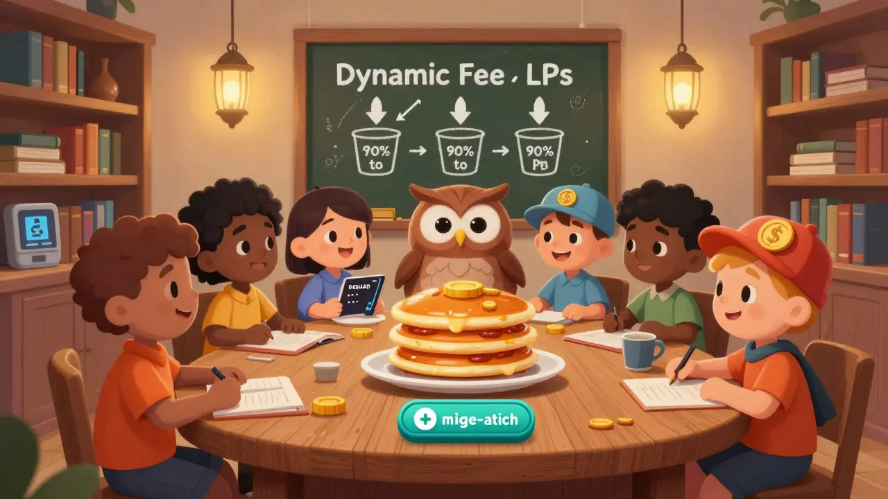 Cartoon characters sit at a table as an owl explains fee splits using a chalkboard with coin buckets and arrows.