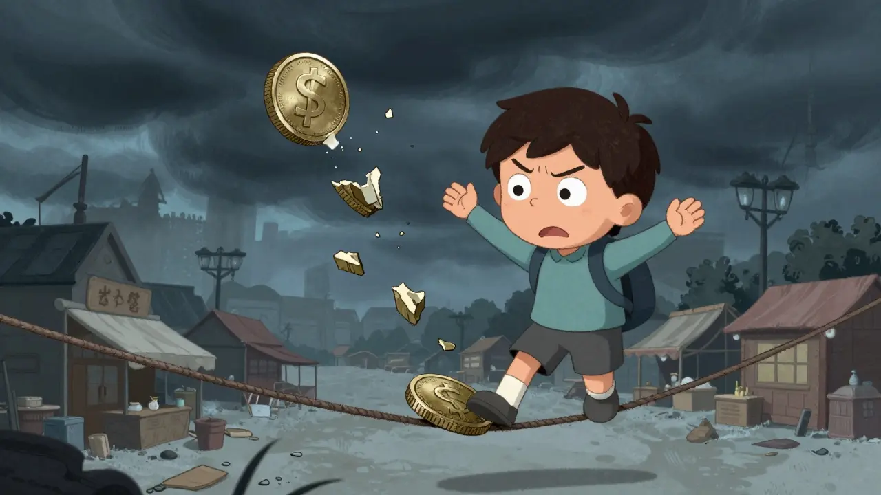 Character balances crumbling coin on tightrope under stormy sky.